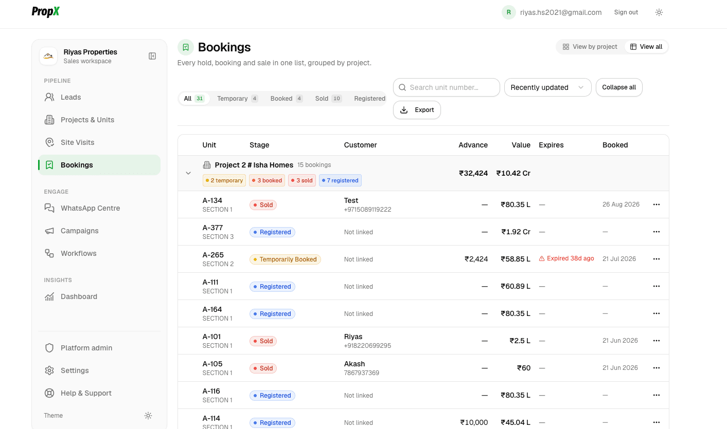 PropX bookings ledger showing unit holds, bookings, sales and registrations with advance amounts and expiry warnings