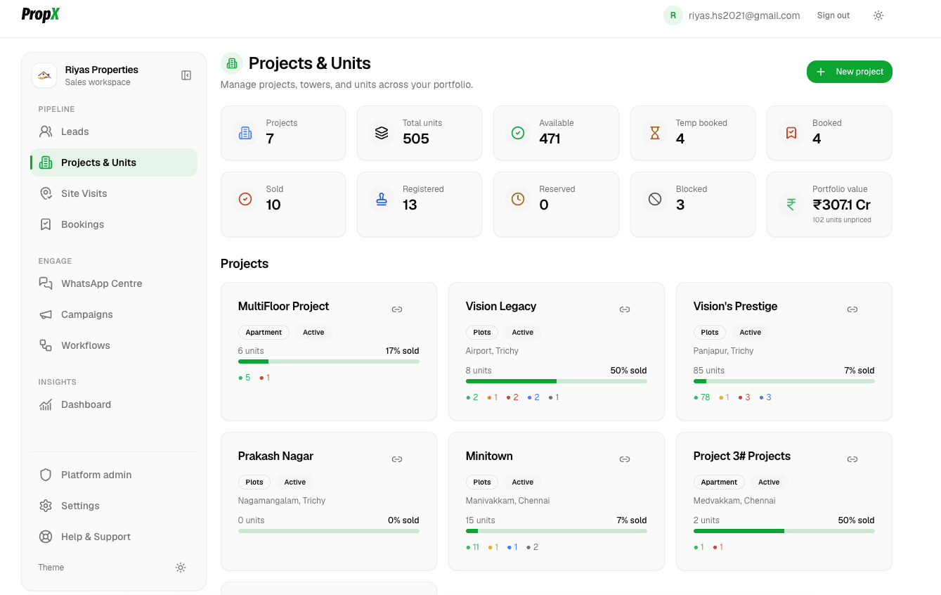 PropX projects and units dashboard showing 505 units across 7 projects with availability, bookings and portfolio value