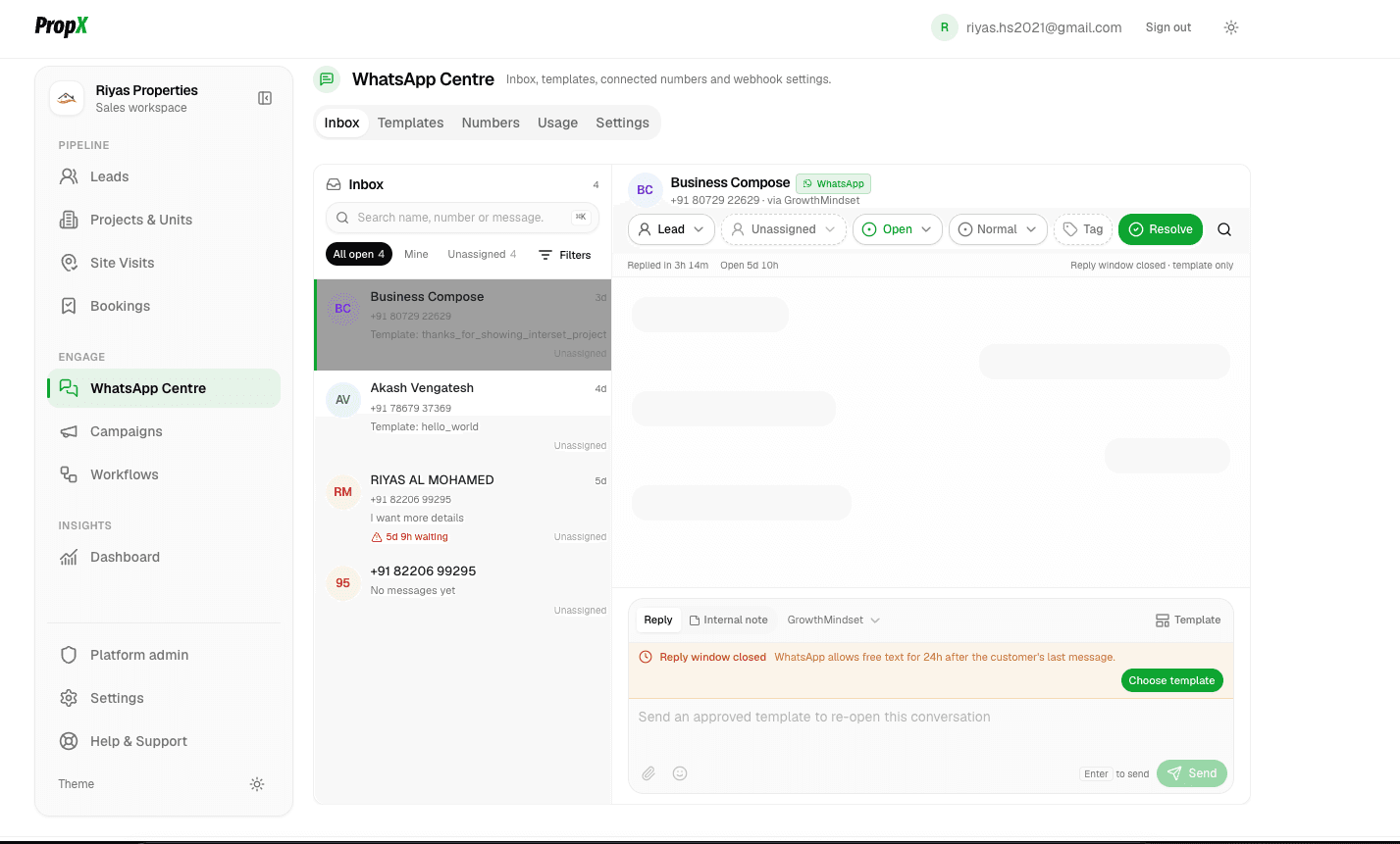 PropX WhatsApp Centre shared team inbox with conversation assignment, templates and reply window status