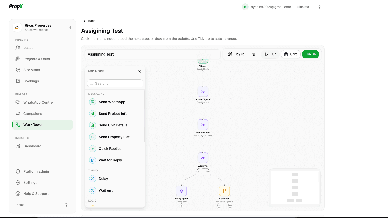 PropX visual workflow builder showing trigger, assign agent, update lead, approval and condition nodes on a canvas
