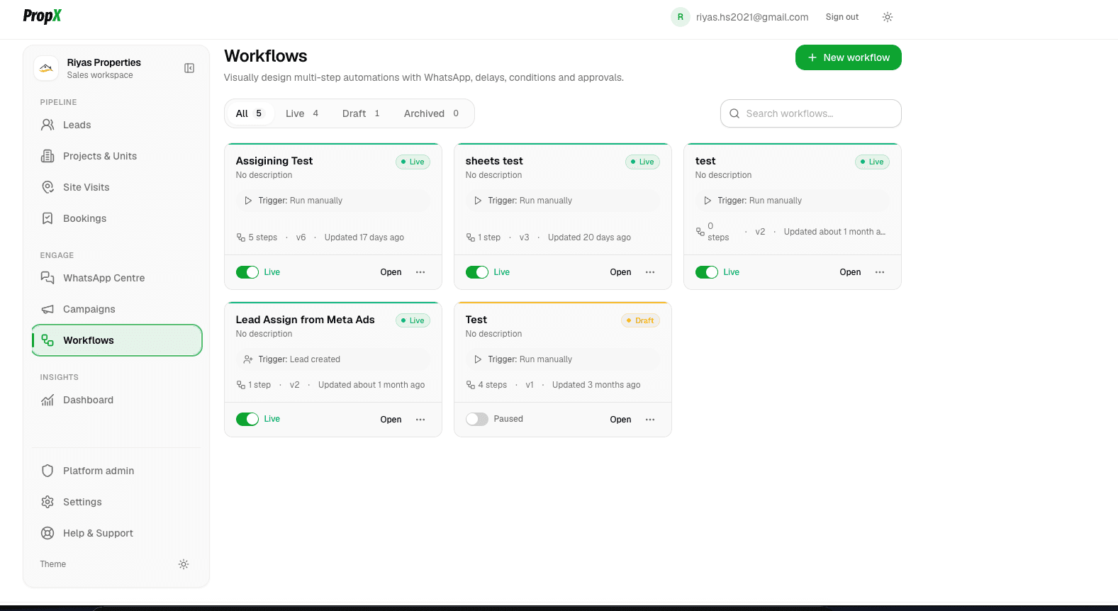 PropX workflow automation list showing live and draft real estate CRM automations with triggers and versions